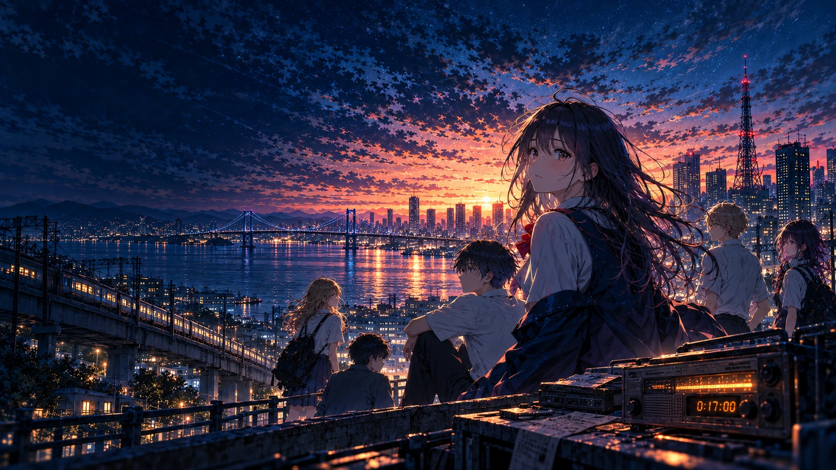 夕暮れの汐凪市と5人のメインキャラクター